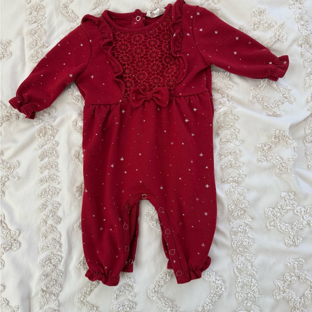 Red Silver Sparkle Footie One Piece with Bow-Ruffle Waist
